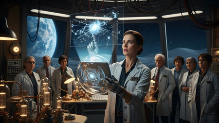 Observing showing scientists in a laboratory on the moon observing a holographic display with...の写真素材