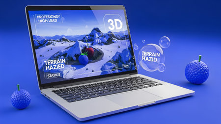 Data showing silver laptop a mountain landscape with data visualizations and bubbles next to...の写真素材