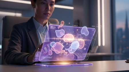 (709) showing woman using tablet displaying holographic biological cells and brain scans.の写真素材