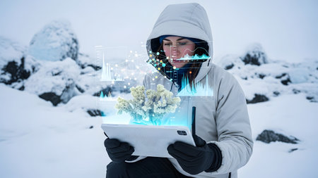 showing scientist in winter clothing examining holographic coral reef data in a snowy...の写真素材