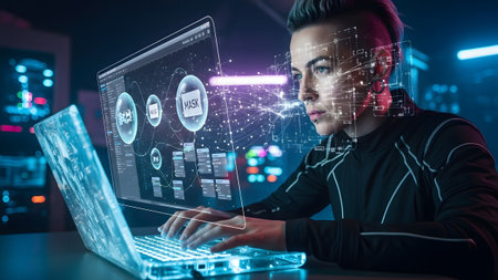 A woman with a futuristic hairstyle uses a laptop with a glowing holographic interface...の写真素材