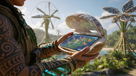 A woman with intricate tribal tattoos holds a seashell-shaped device displaying a holographic...の写真素材