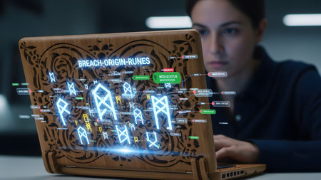 A woman uses a laptop with a holographic display showing breach origin runes and data analysis.の写真素材