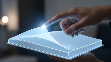 A hand turns a glowing page of a transparent digital book, with bright blue light illuminating...の写真素材