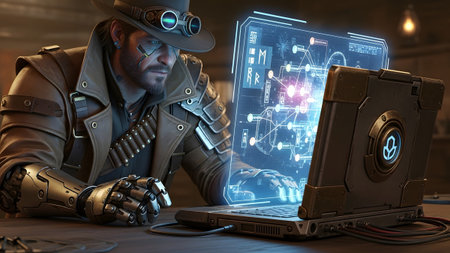 Steampunk character with goggles and cybernetic arm uses a futuristic laptop with a glowing...の写真素材