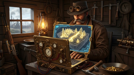 Gold showing steampunk prospector using holographic map on a rugged laptop in a wooden cabin...の写真素材