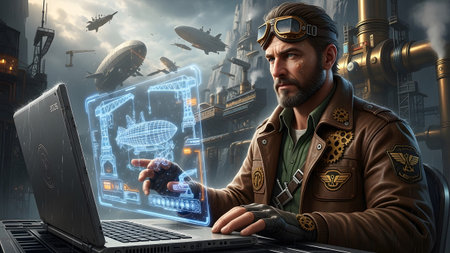 showing steampunk aviator with goggles uses holographic blueprint on laptop in industrial...の写真素材
