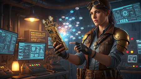 A steampunk woman with goggles points at a glowing digital network displayed on a smartphone in...の写真素材