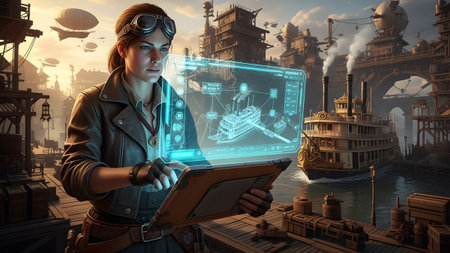 A steampunk woman examines a holographic riverboat schematic on a tablet in a bustling port with...の写真素材