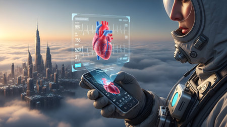 A person in a space helmet reviews holographic heart data above a city in the clouds....の写真素材