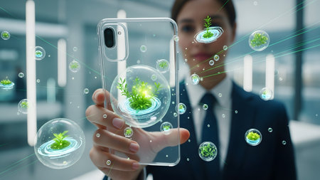 A woman holds a transparent smartphone with floating green plants within bubbles, highlighting a...の写真素材