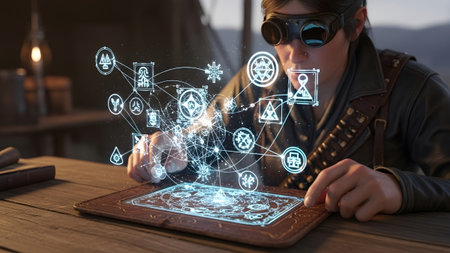 A woman wearing goggles focuses on a glowing blue holographic interface displaying intricate...の写真素材