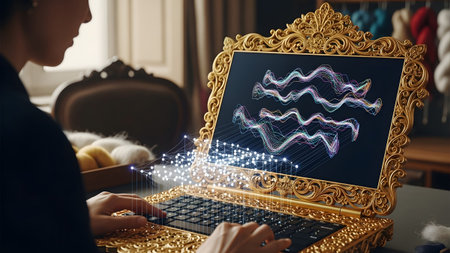 A woman interacts with a highly ornate golden laptop displaying complex data visualizations.の写真素材