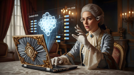 A woman in a blue period gown and white gloves uses a laptop to interact with a holographic...の写真素材