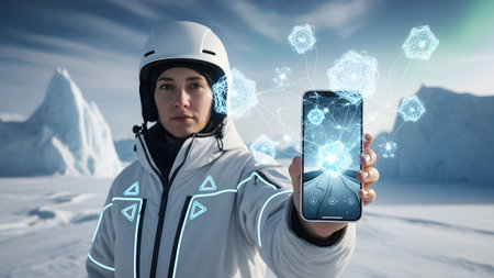 A woman in winter gear holds a smartphone displaying a glowing, interconnected digital network.の写真素材