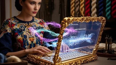A woman wearing ornate clothing uses a golden laptop with vibrant, colorful data streams.の写真素材