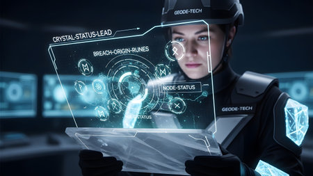 A woman in a futuristic suit interacts with a glowing holographic display featuring runes and...の写真素材