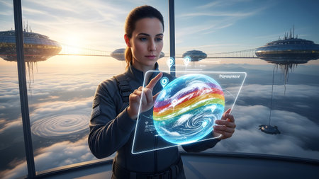 Woman showing woman in futuristic uniform interacting with holographic earth display above...の写真素材