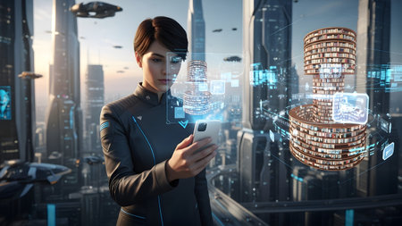 Futuristic showing woman in futuristic uniform uses smartphone to view holographic data in a...の写真素材