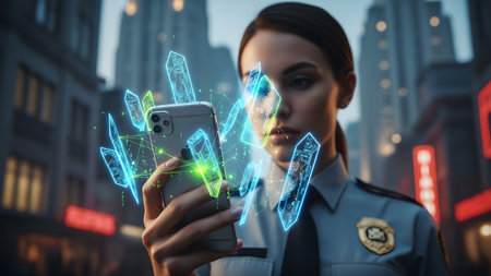 showing woman in police uniform using a smartphone with a holographic projection of...の写真素材
