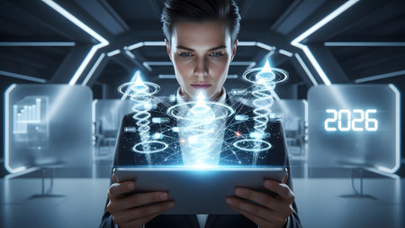 A woman in a suit intently views holographic data streams and the year 2026 displayed digitally.の写真素材