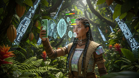 A woman in tribal attire in a jungle uses a smartphone displaying holographic cocoa pod data...の写真素材