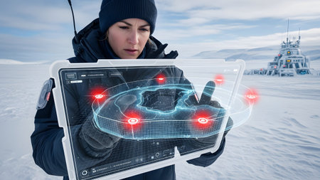 Alert showing woman in winter gear interacts with a holographic map on a transparent tablet...の写真素材