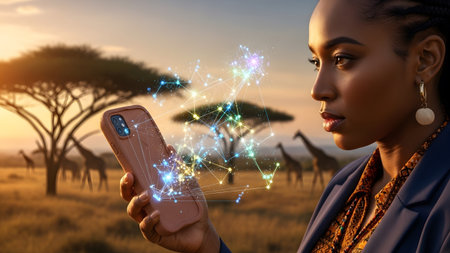 Woman in safari jacket holds smartphone projecting a glowing holographic network against a...の写真素材