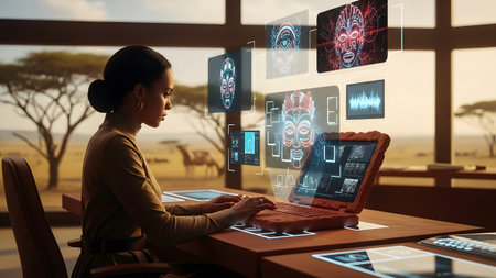 A woman interacts with a holographic display showing tribal masks and data, with a savanna...の写真素材