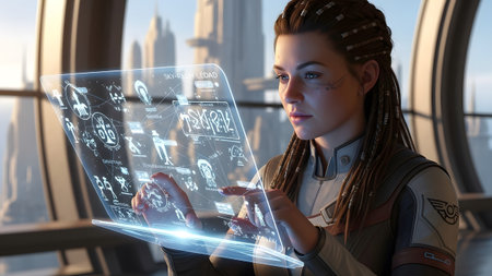 A woman with braided hair touches a transparent holographic interface showing and text in a...の写真素材