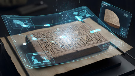 A stone tablet with ancient Egyptian hieroglyphs is scanned by a futuristic holographic...の写真素材