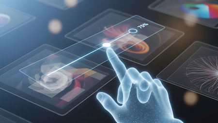 (1260) showing blue glowing hand interacting with a digital interface showing progress bars and...の写真素材