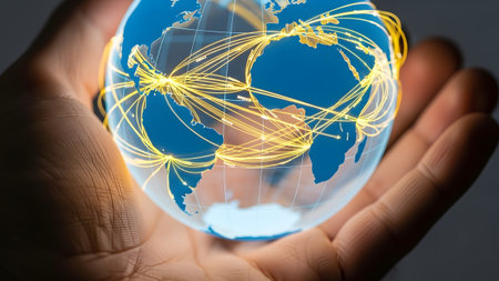 A hand gently holds a transparent globe with bright yellow lines forming a global network.の写真素材
