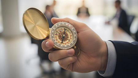 A hand in a dark suit holds an open brass compass in a bright, blurred office meeting room setting.の写真素材