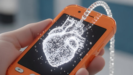 A hand holds an orange smartphone displaying a glowing anatomical heart with a stream of liquid...の写真素材