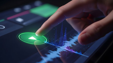 A finger presses a glowing green play button on a dark digital screen showing blue and purple...の写真素材