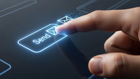 Display showing close-up of a finger activating a glowing send button with an email on a digital...の写真素材