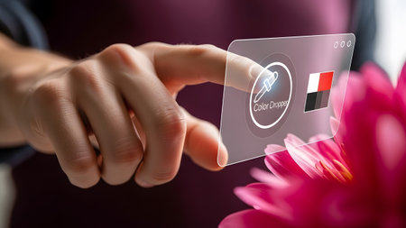 A hand touches a digital interface displaying a color dropper tool against a blurred pink flower.の写真素材