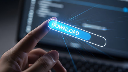 Download showing close-up of finger pressing a glowing blue download button on a dark digital...の写真素材