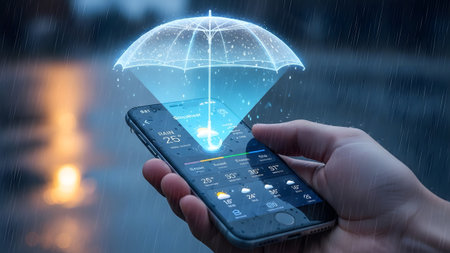 A hand holds a smartphone displaying a weather app with a holographic umbrella deflecting rain...の写真素材