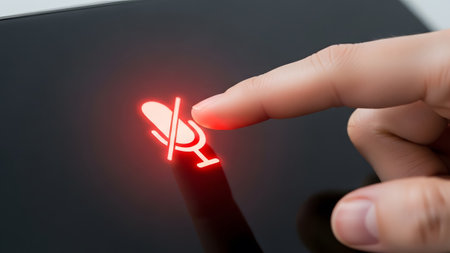 Screen showing close-up of finger activating red illuminated microphone mute on dark screen....の写真素材