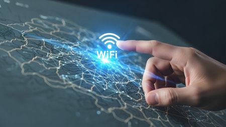 A close-up a finger touching a bright blue WiFi symbol on a digital map with glowing network lines.の写真素材