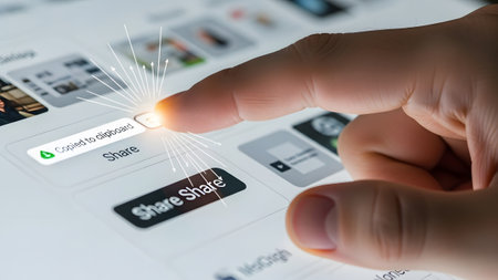 Finger showing finger activating share function on digital interface with glowing effect.の写真素材