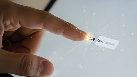 A finger presses a digital interface button labeled "Share Copied to clipboard" with glowing...の写真素材