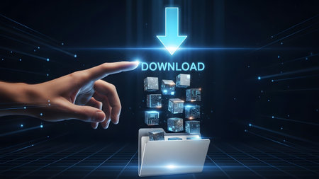 A hand's finger reaches towards a glowing download button with falling cubes into a folder...の写真素材