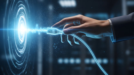 A hand wearing a suit connects an electrical plug to a bright blue digital vortex with radiating...の写真素材