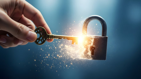 A hand holds a vintage key unlocking a padlock, emitting bright golden sparks and light.の写真素材