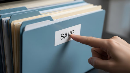 A hand with a finger pointing towards the word SAVE on a light blue file folder....の写真素材
