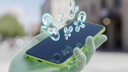 Screen showing hand holding a green smartphone with glowing bubble of currency symbols floating...の写真素材