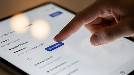 A finger presses a blue button labeled on a tablet screen displaying product review filters.の写真素材